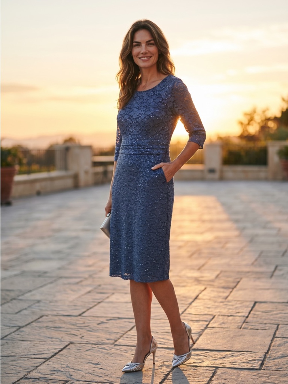 SLNY Navy Lace Midi Dress with Three-Quarter Sleeves